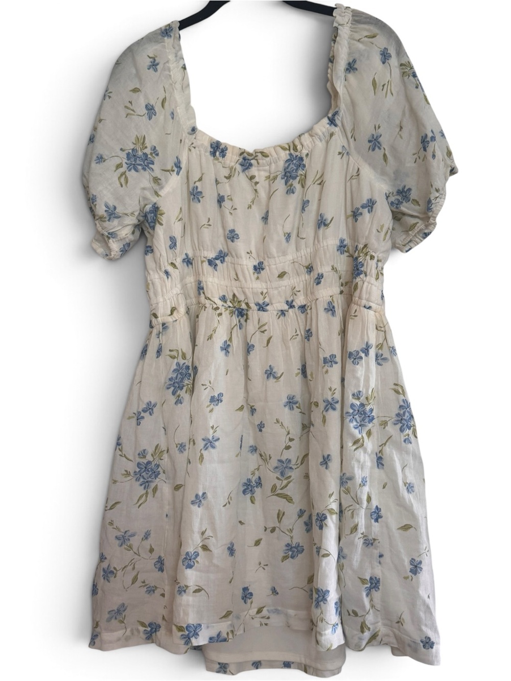 Cream Floral Puff-Sleeve BoHo flowery cottage core Dress with Blue Flowers - Picture 10 of 10